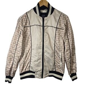 Time Space Mens Bomber Jacket Small Beige‎ Patterned Zip Up Lightweight